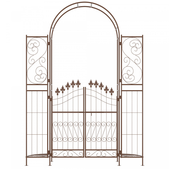 Outsunny 7ft Garden Gate Arbor Wedding Arch With Doors Plant Shelves, Brown