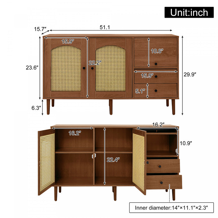 Zona 51.1\" Sideboard Cabinet with Rattan Doors and Adjustable Shelves,Dark Brown Accent Cabinet