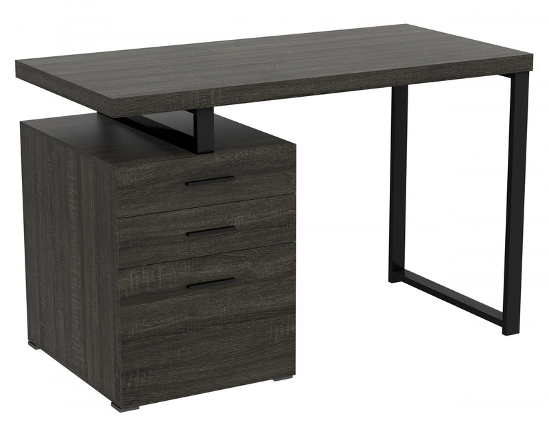 47” Computer Desk With 3 Drawers - Dark Grey Wood With Silver Metal Base