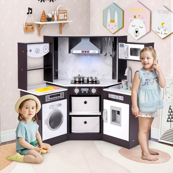 Costway Wooden Kids Play Corner Kitchen With Realistic Lights & Sounds Lighted Range Hood Brown