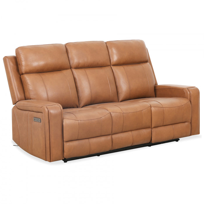 Bellamy 78 in. Leather Match Power Reclining Sofa with Adjustable Headrest and USB - Cognac