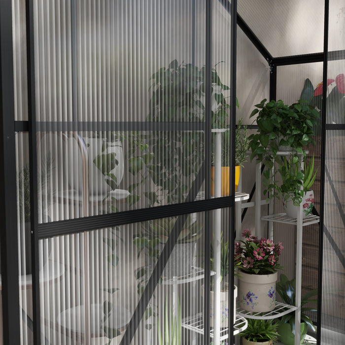 Outsunny 6' X 2.5' Polycarbonate Greenhouse, Walk-in Green House With Sliding Door, 5-level Roof Vent, Rain Gutter, Aluminium Garden Plants Warm Grow House With Foundation, Black