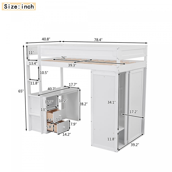 Jeffrey Solid Wood Loft Bed With Wardrobe, Desk And Drawers, Twin Size,white