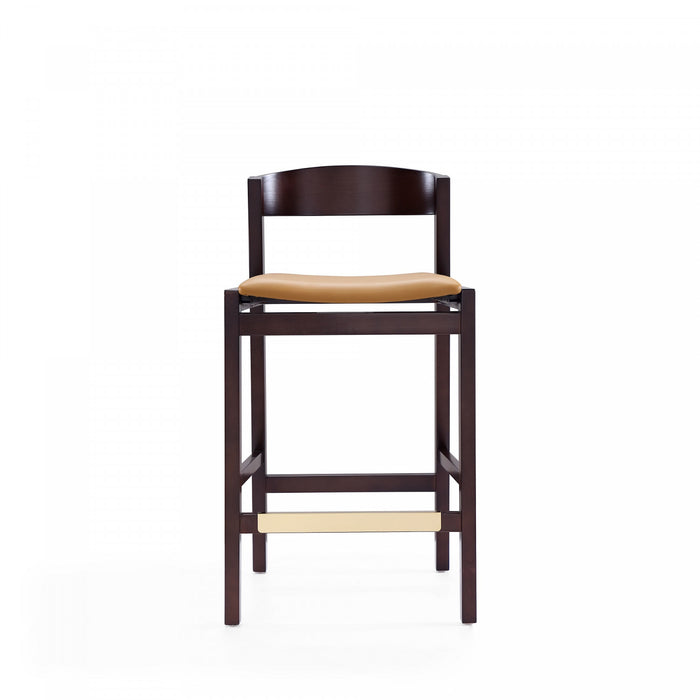 Klismos Mid-Century Modern Wood Upholstered Counter Stool in Camel - Set of 3