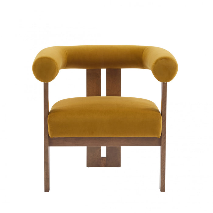 Crest Modern Upholstered Round Arm Accent Chair with Three-Leg Design, Mustard Yellow, Walnut