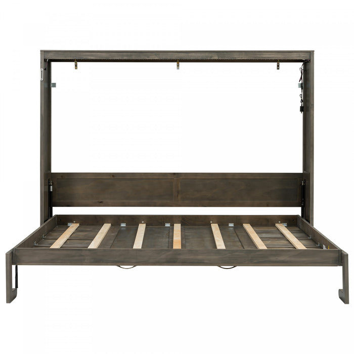 Olivia Solid Wood Murphy Bed with LED Light and Foldable Cabinet,Full Size,Brown Full Bed