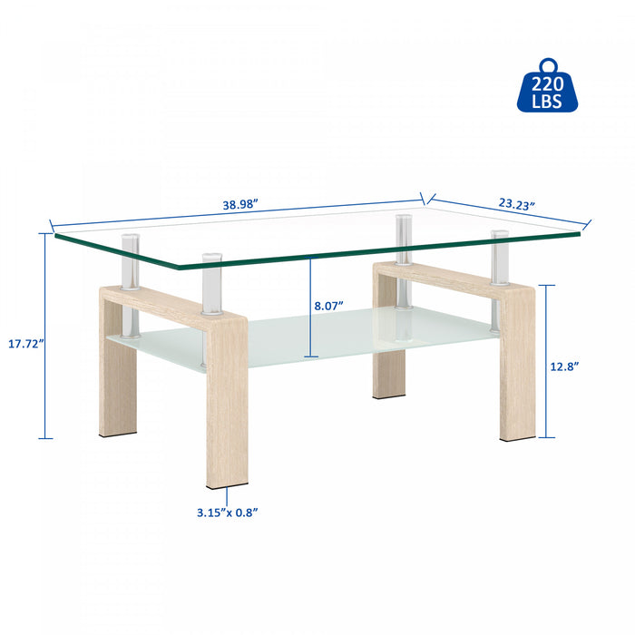 Liam Modern Rectangle Clear Tempered Glass Coffee Table,Oak