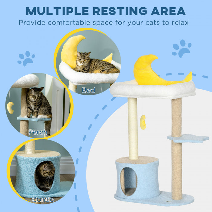 Pawhut 41\" Lovely Cat Tree For Indoor Cats With Teddy Fleece House And Bed, Kitten Tower With Scratching Post, Hanging Moon Shaped Toy, Star Platform, Blue