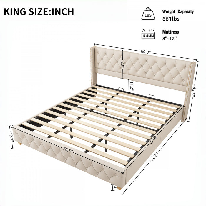 Haley Linen Upholstered Platform Bed with Classic Wingback Headboard and Diamond Tufted Upholstery,King Size,Beige King Bed