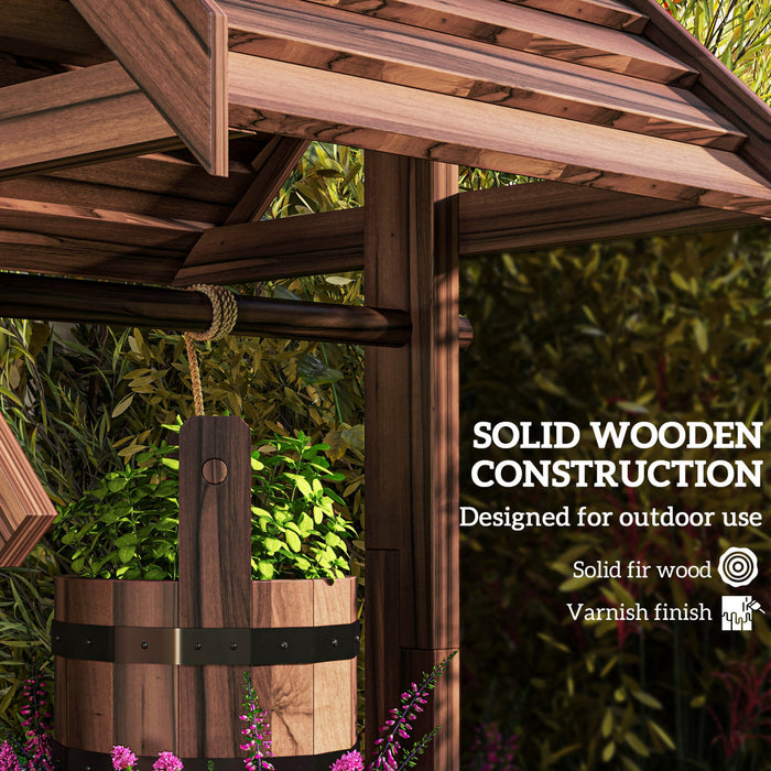 Outsunny Wishing Well Outdoor Wooden Planter with Hanging Bucket, Tan