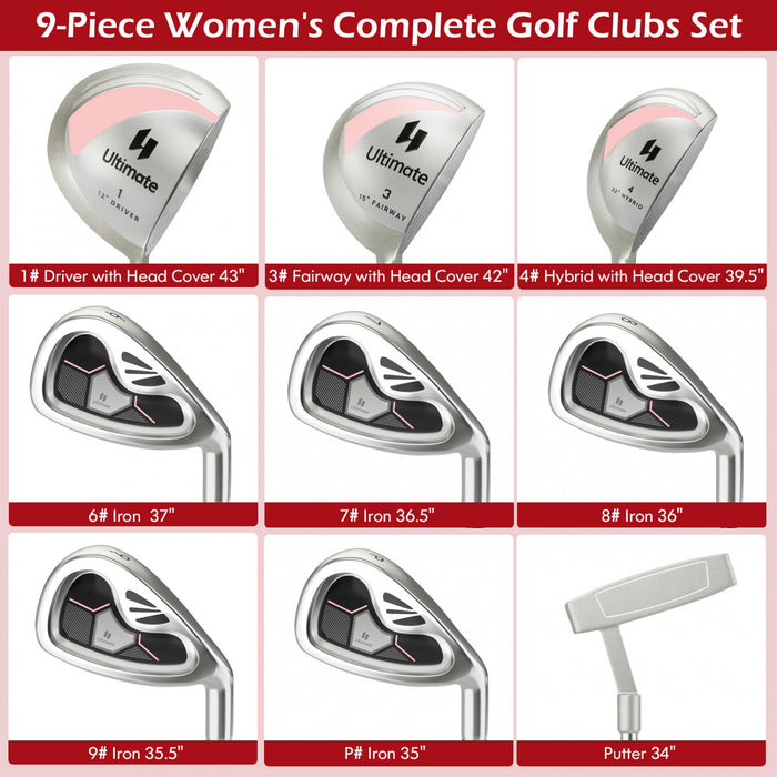 Costway 9 Pcs Women's Complete Golf Club Set Right Handed With 460cc Alloy Driver Irons Pink