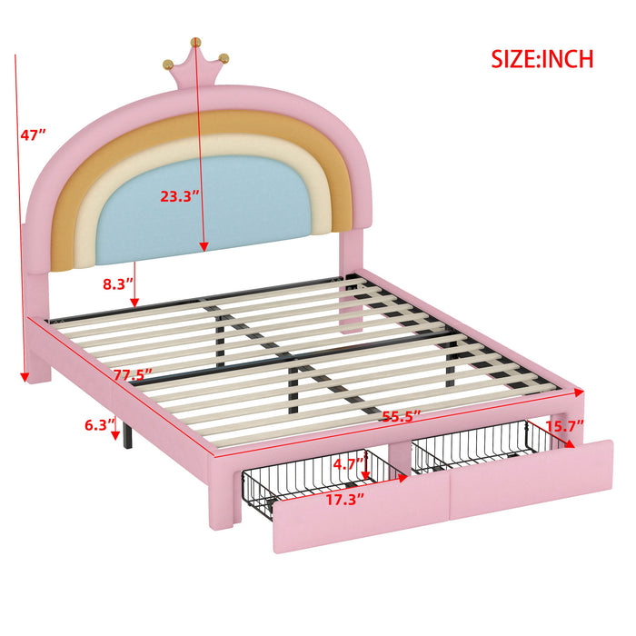 Maggie Upholstered Rainbow Princess Bed With Storage Drawer And Velvet Platform Frame,full Size,pink Full Bed