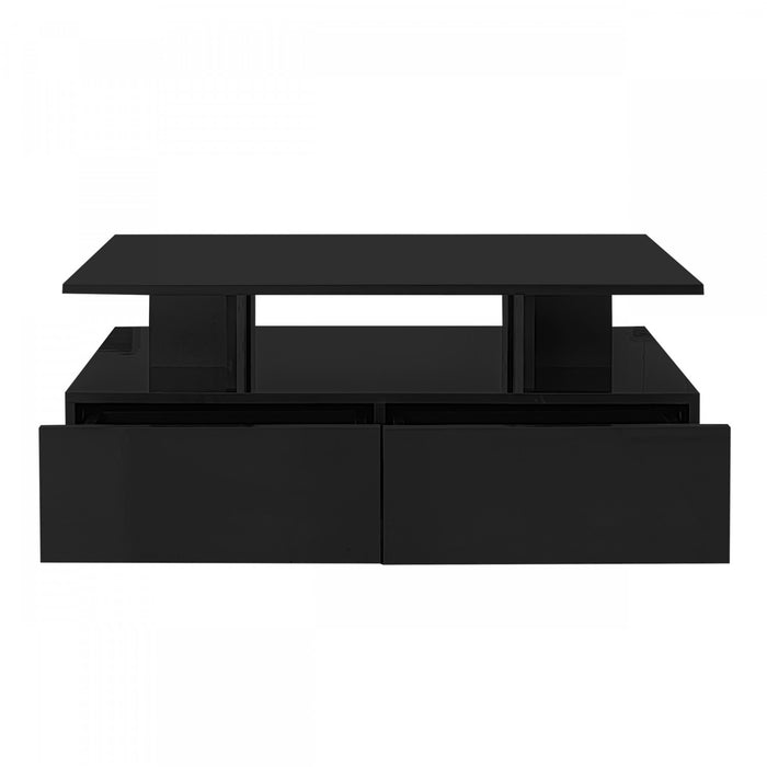 Lucas LED Coffee Table with Storage Drawers and Open Shelves,Black