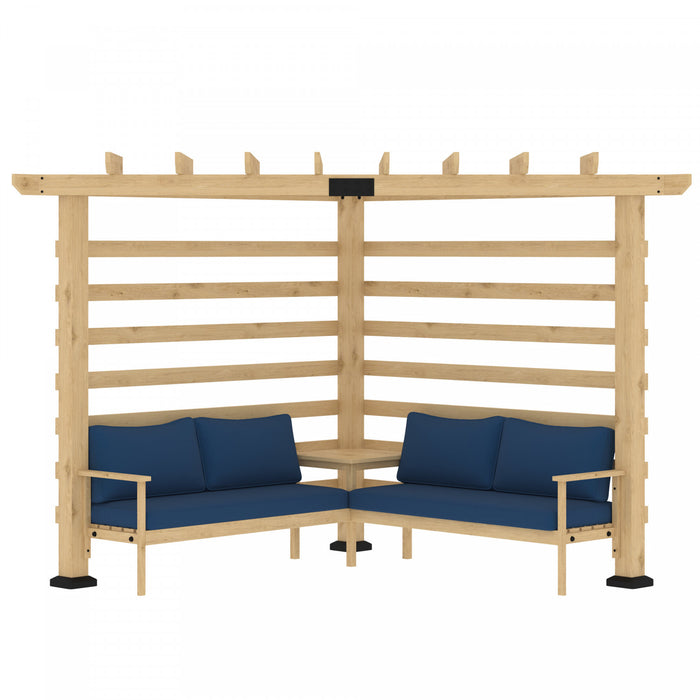 Outsunny 9' X 9' Corner Pergola With Conversation Set And Cushions, Fir Wood Outdoor Pergola With End Table For Climbing Plants, Natural And Blue