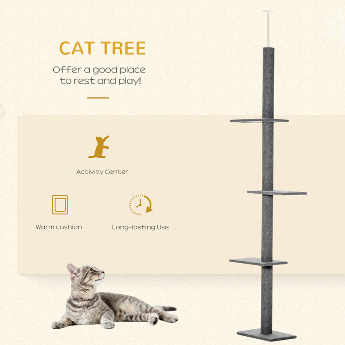 Pawhut 100\" Floor To Ceiling Cat Tree W/ 3 Perches Activity Center For Kittens Cat Tower Furniture, Grey