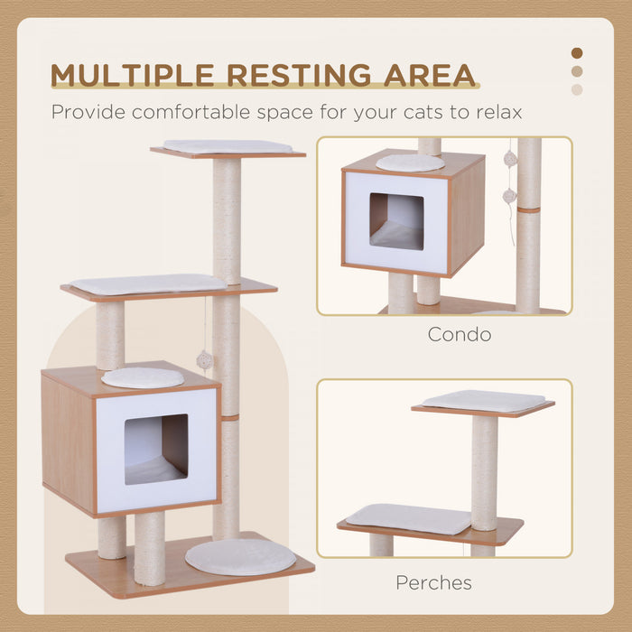 Pawhut 47\" Wood Cat Tree, Cat Condo Tower With Scratching Post, Toy Ball, Natural Wood