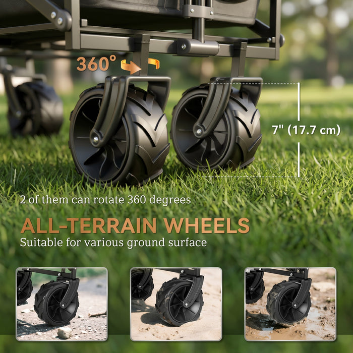 Outsunny 80L Folding Wagon Cart with Wheels, Heavy-Duty Collapsible Garden Trolley for Camping, Beach, Removable Canopy, Adjustable Handle, Cup Holders, Black