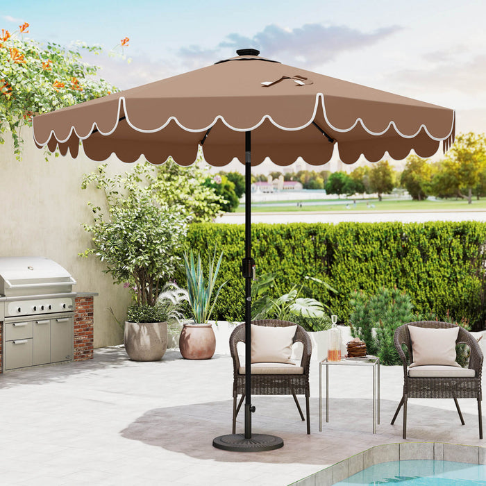Costway 9.3 FT Solar Patio Umbrella Outdoor Market Sunshade with 24 LED Lights Ruffles Brown