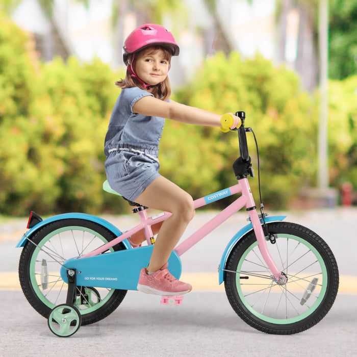 Costway 16\" Kids Bike With Adjustable Saddle Handlebar Removable Training Wheels Handbrake Pink