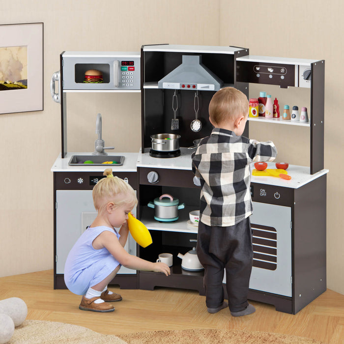 Costway Pretend Play Kitchen For Kids Toddler Aged 3+ Wooden Toy Set With Range Hood Brown