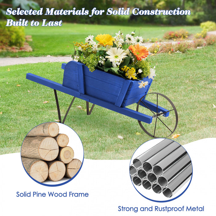 Costway Wooden Wagon Planter Decorative Indoor/outdoor Rustic Flower Cart With Wheel Blue