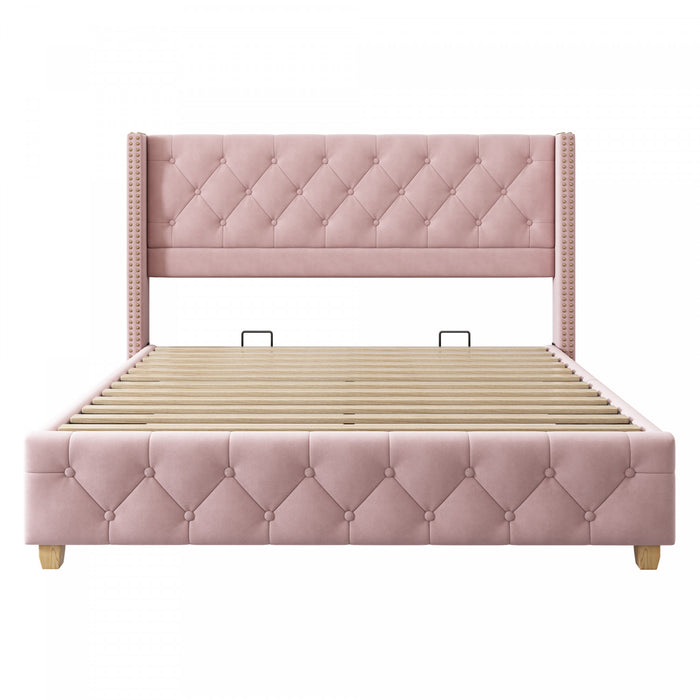 Haley Linen Upholstered Platform Bed with Classic Wingback Headboard and Diamond Tufted Upholstery,Full Size,Pink Full Bed