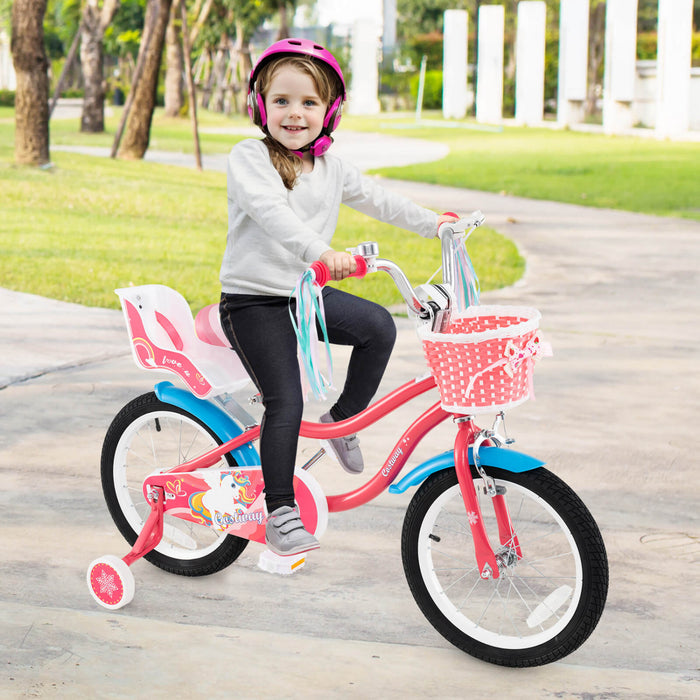 Costway 16\" Kids Bike With Basket Doll Seat & Colorful Streamers 2 Training Wheels Pink