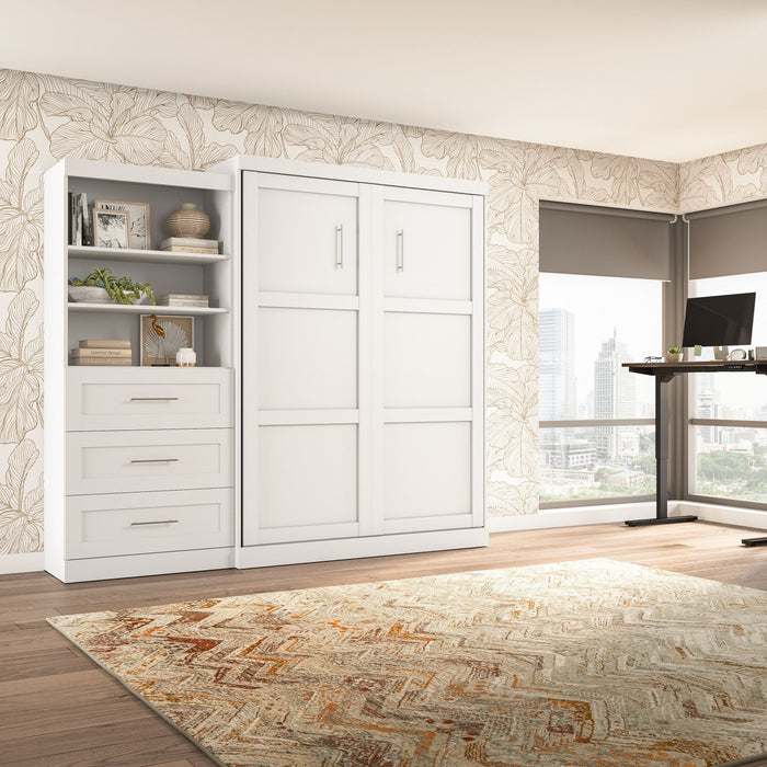 Bestar Pur Queen Murphy Bed and Shelving Unit with Drawers 101-Inch Wall Bed - White
