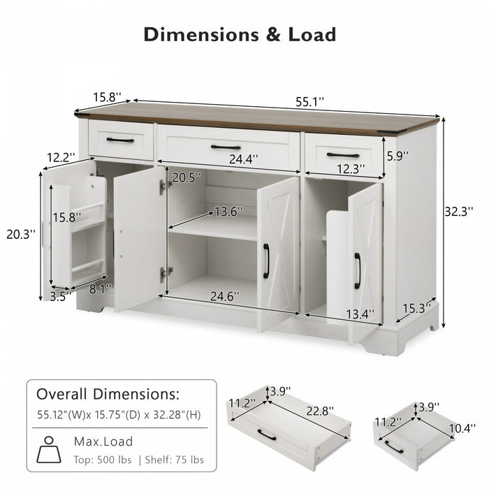 Ryan 55\" Adjustable Storage Buffet Cabinet With Door Shelves And Coffee Bar Station - White