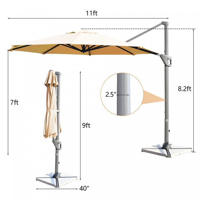 Costway 11ft Patio Offset Umbrella Cantilever Rotation Aluminum Tilt Cross Base Beige