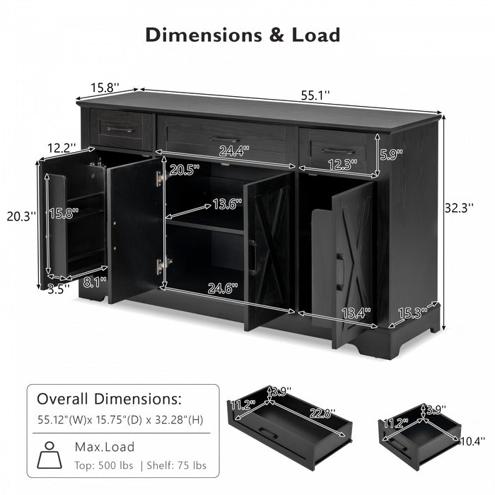 Ryan 55\" Adjustable Storage Buffet Cabinet With Door Shelves And Coffee Bar Station - Black