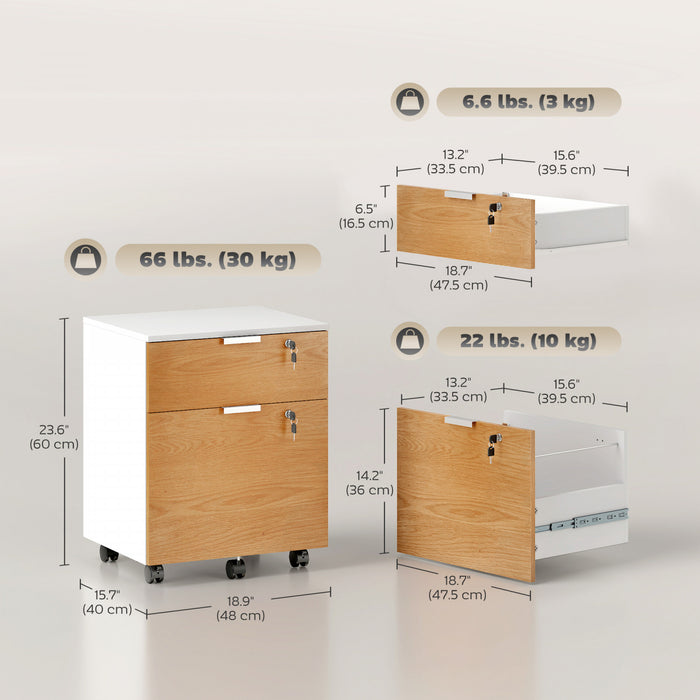 HOMCOM 2 Drawer File Cabinet with Lock Wheels Hanging Bars Nature Wood