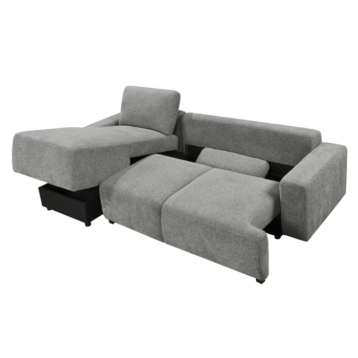 Cleo 2-Piece Textured Weave Sleeper Sectional with Storage Chaise and Block Arms - Grey