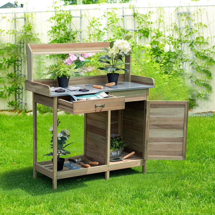 Costway Outdoor Potting Bench Garden Wooden Work Station Metal Tabletop Cabinet