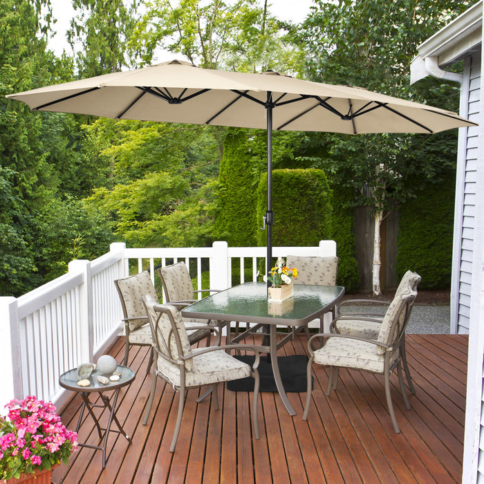 Costway 15FT Double-Sided Twin Patio Umbrella Outdoor Market with Crank & Base Beige