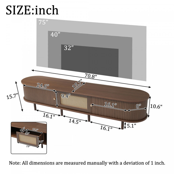 Lucas TV Stand Media Console with Rattan Drawer and Sliding Doors,Dark Oak