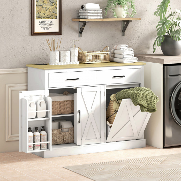 HOMCOM Tilt Out Trash Cabinet with Charging Station, Kitchen Island, White