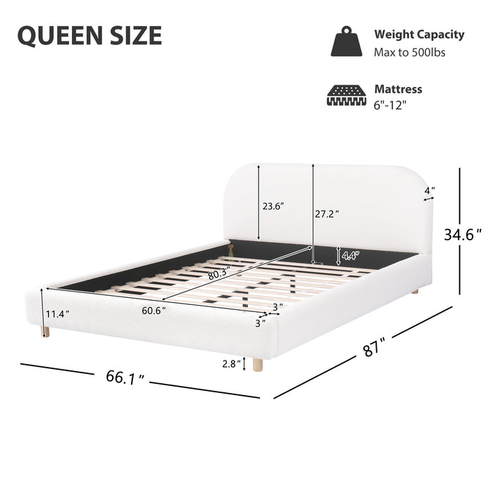 Mia Upholstered Bed with Loop-Pile Fabric,Queen Size - Light Beige