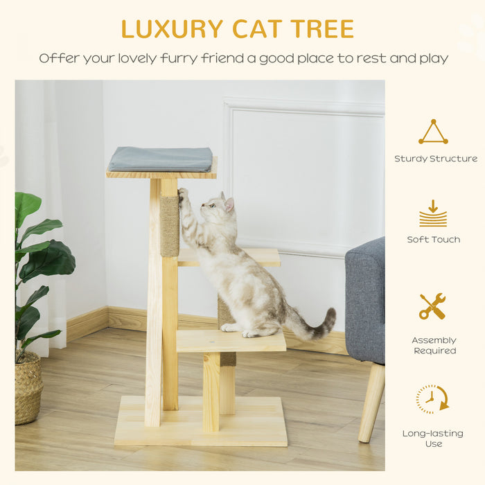 Pawhut 31\" Cat Tree Kitty Activity Center Pinewood Cat Climbing Toy Indoor Outdoor Pet Furniture With Jute Scratching Post Perch Cushion Natural
