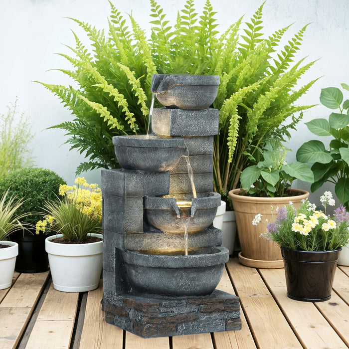 Outsunny Outdoor Water Fountain With Led, Cascading Bowls Waterfall, Grey
