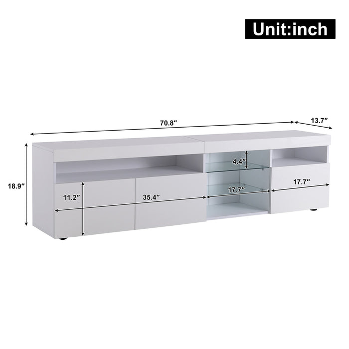 James 70.8\" Modern TV Cabinet with USB LED Lighting and High Gloss Front,White Tv Stand