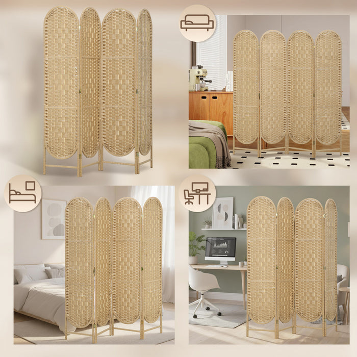 HOMCOM 4 Panel Room Divider, Bohemian Folding Privacy Screen, Natural Wood