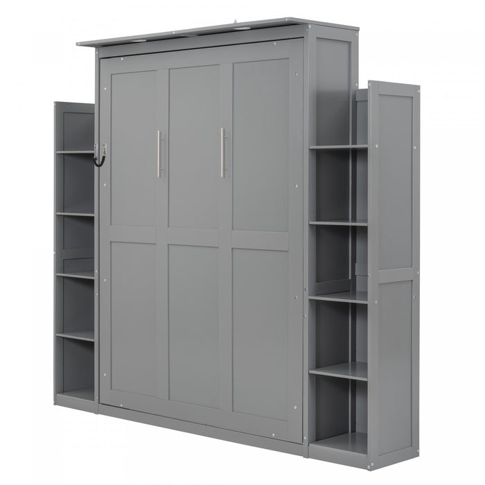 Aiden Murphy Bed with Shelves and LED Lights,Full Size,Grey Full Bed