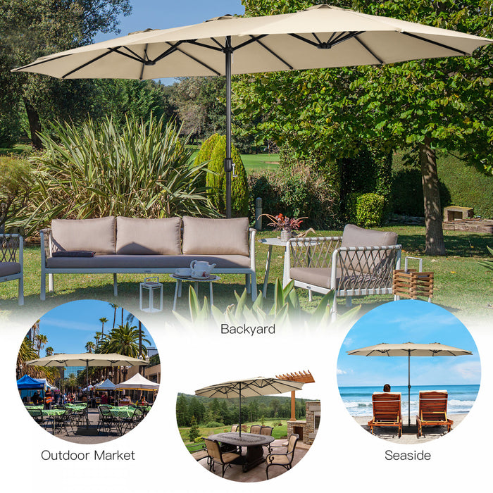 Costway 15FT Double-Sided Twin Patio Umbrella Outdoor Market W/ Crank & Base Beige
