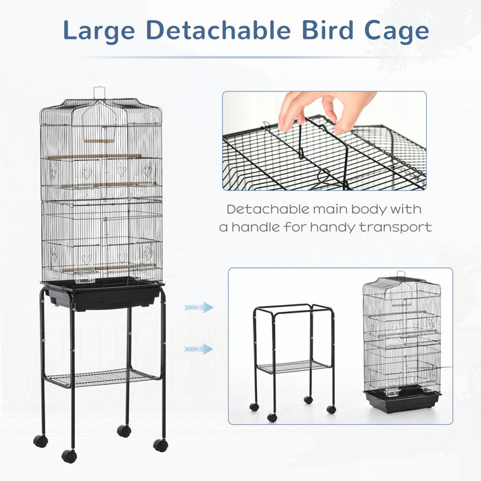 Pawhut 62\" Bird Cage Budgie Cage With Wheels, Detachable Stand, Storage, Black