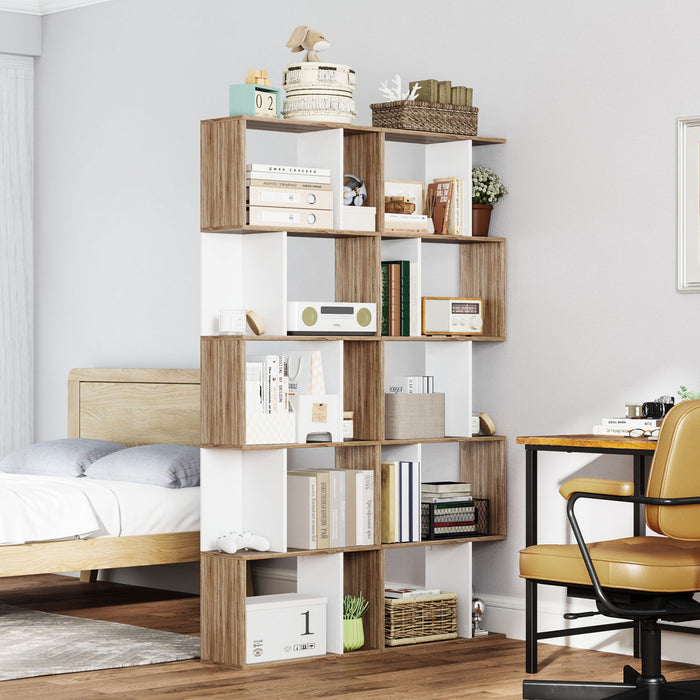 HOMCOM Geometric Bookcase, 5-Tier S Shaped Bookshelf, Natural and White