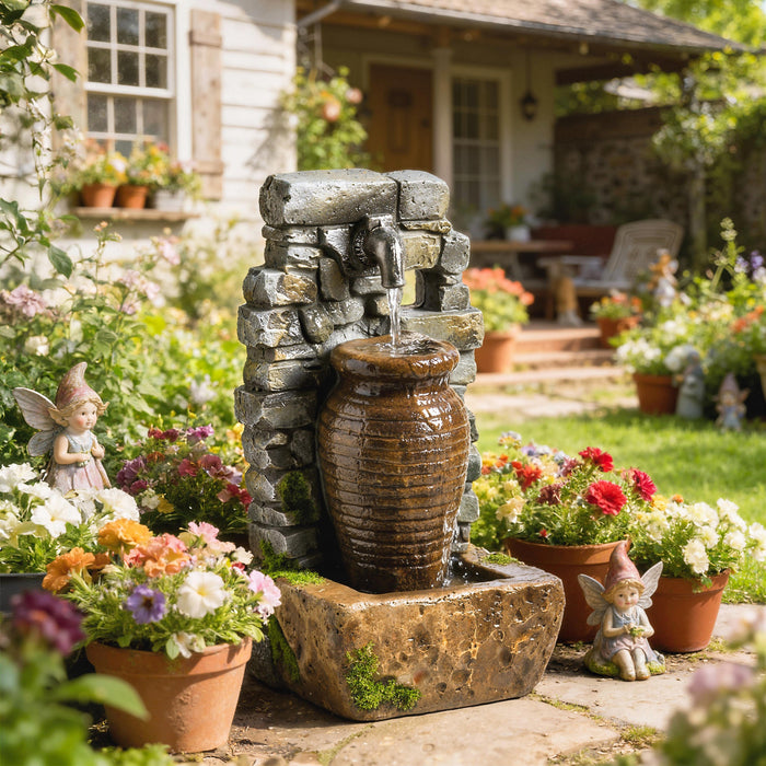 Outsunny Outdoor Water Fountain with LED Lights , Rustic