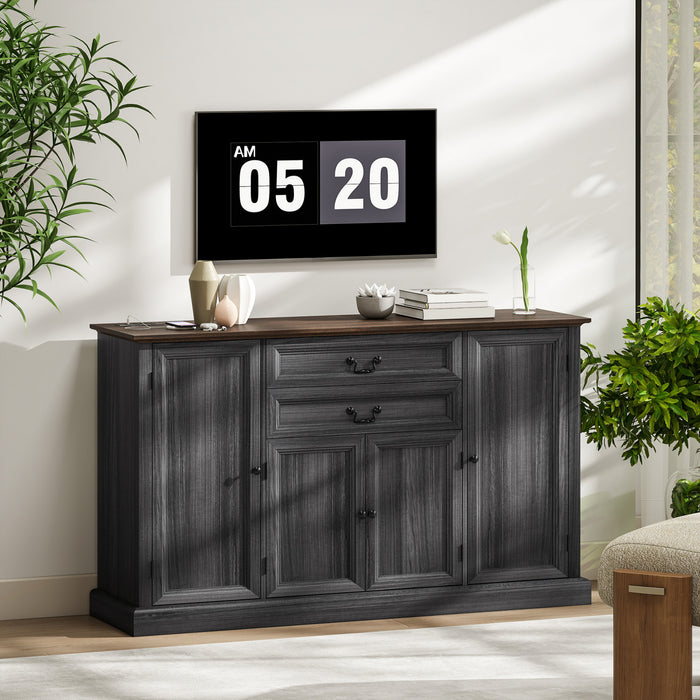 HOMCOM 58\" Farmhouse Sideboard Buffet Cabinet with Charging Station Black