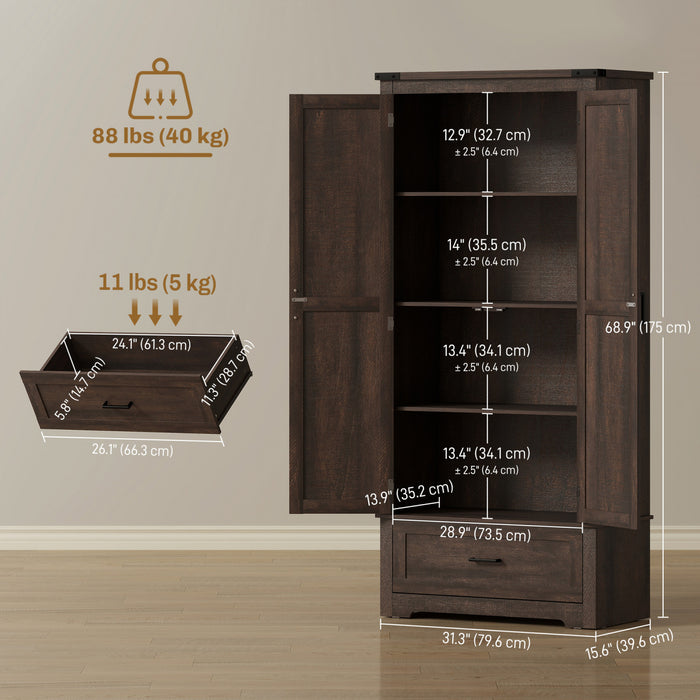 HOMCOM 69\" Tall Kitchen Storage Cabinet with Adjustable Shelves, Dark Brown