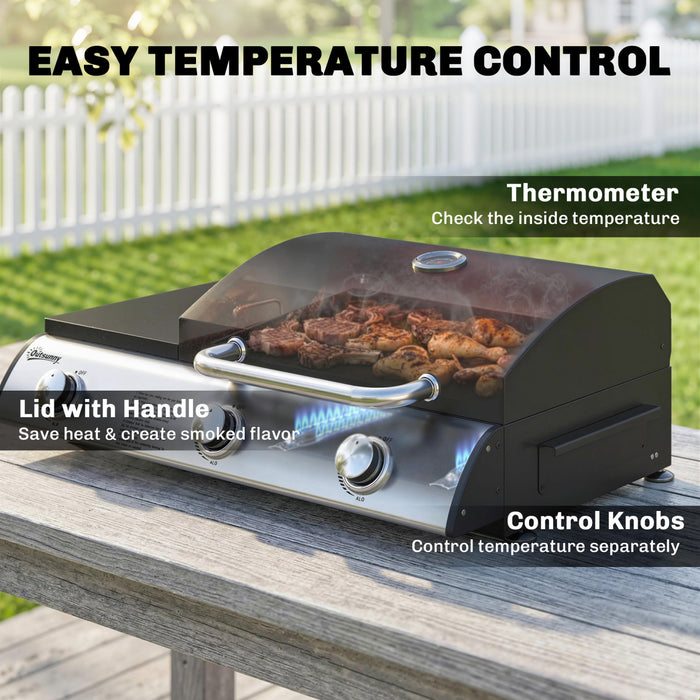 Outsunny 3 Burner Portable Propane Gas Grill Griddle, 2-in-1 Tabletop Grill and Griddle Combo with Convertible Shelf, Thermometer, Lid, Adjustable Foot Pads, 28,500 BTU, Black